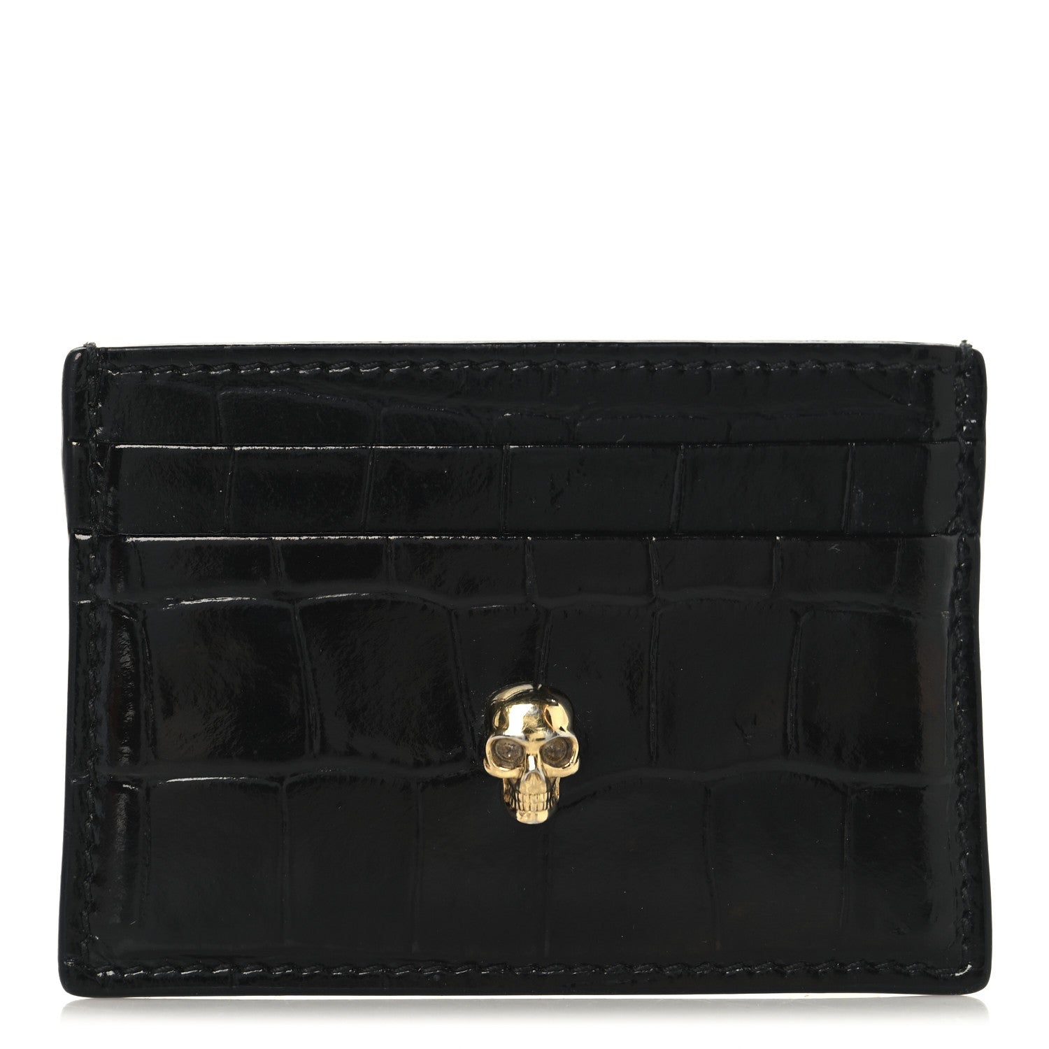Alexander McQueen Patent Crocodile Embossed Skull Card Holder Black 1 of 6