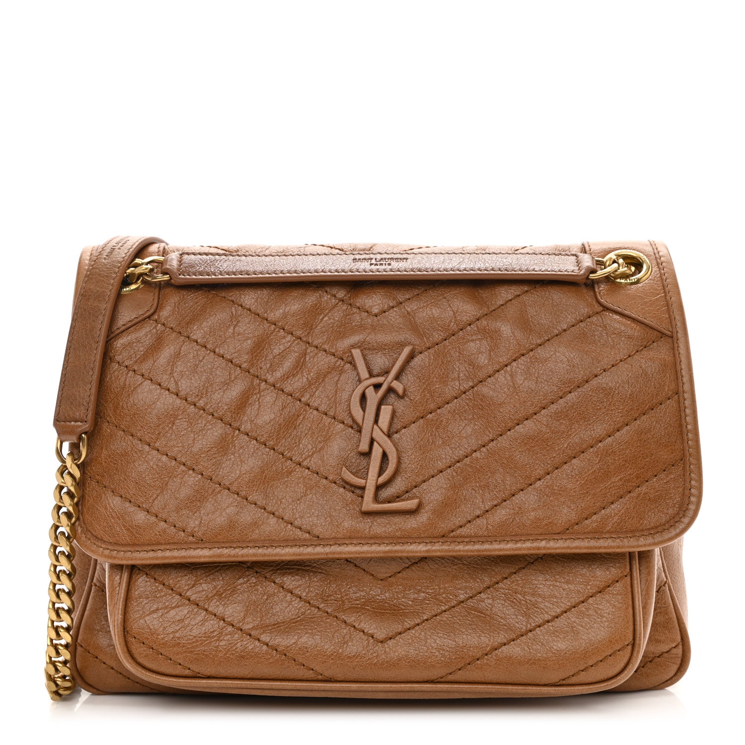 Saint Laurent Crinkled Calfskin Matelasse Monogram Medium Niki Chain Satchel Caramel 1 of 7