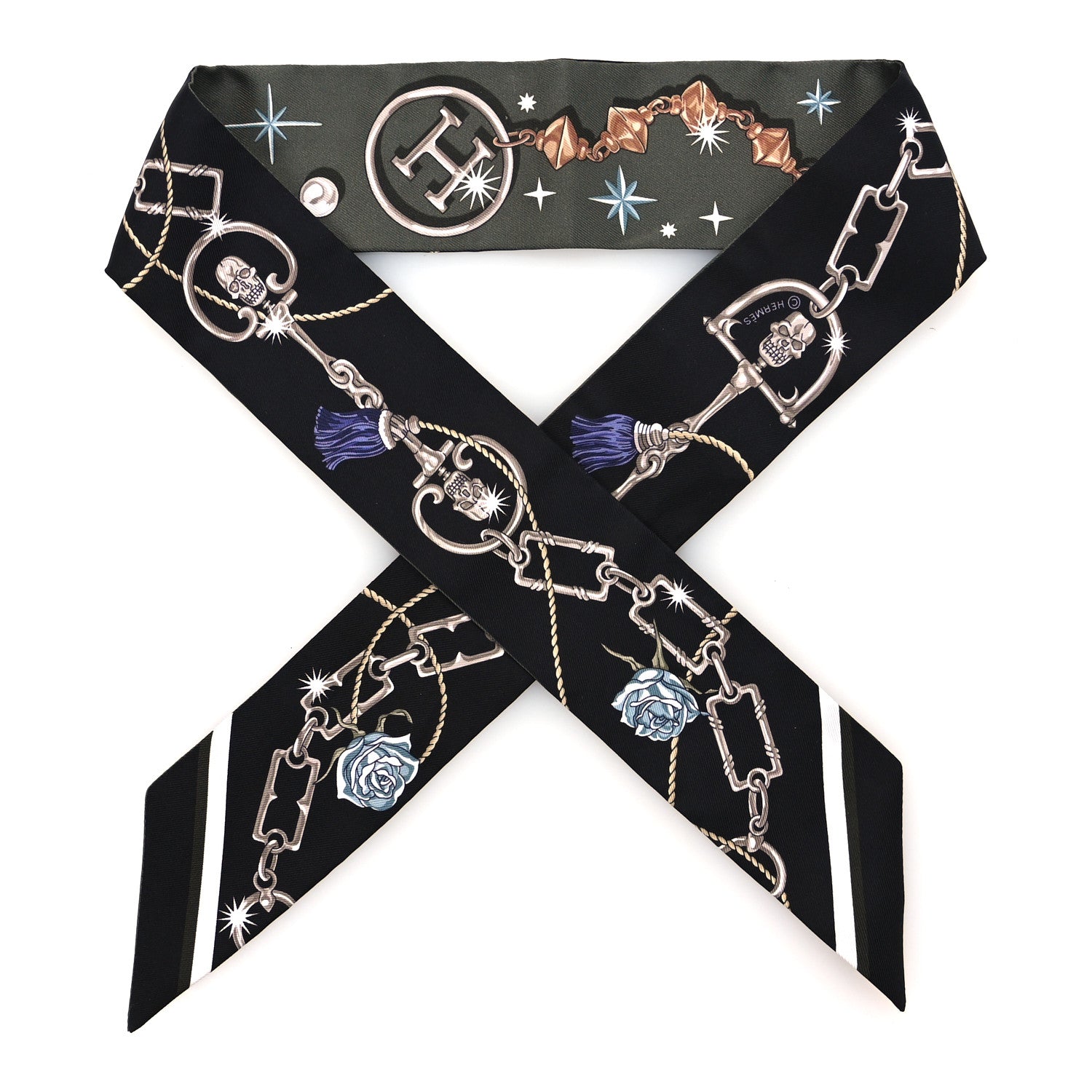 Hermes Silk C'est la Fete Twilly Kaki Fonce White Black 1 of 4