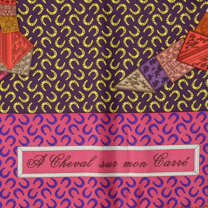 Hermes Silk A Cheval Sur Mon Carre Scarf 90 Aubergine Framboise Jaune 3 of 5