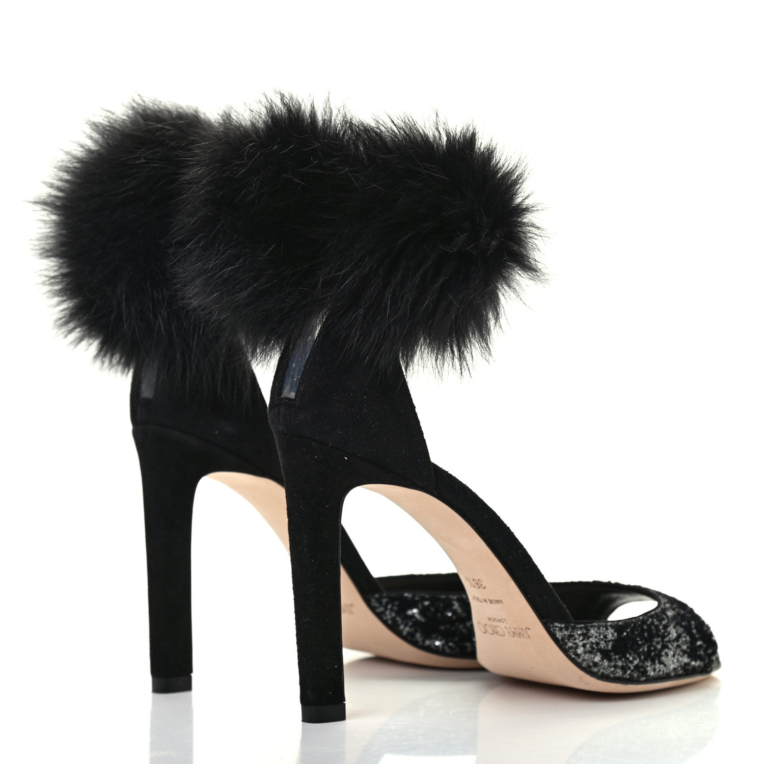 Jimmy Choo Velvet Fox Fur Suri 100 Ankle Strap Sandals 36.5 Anthracite Black 4 of 7
