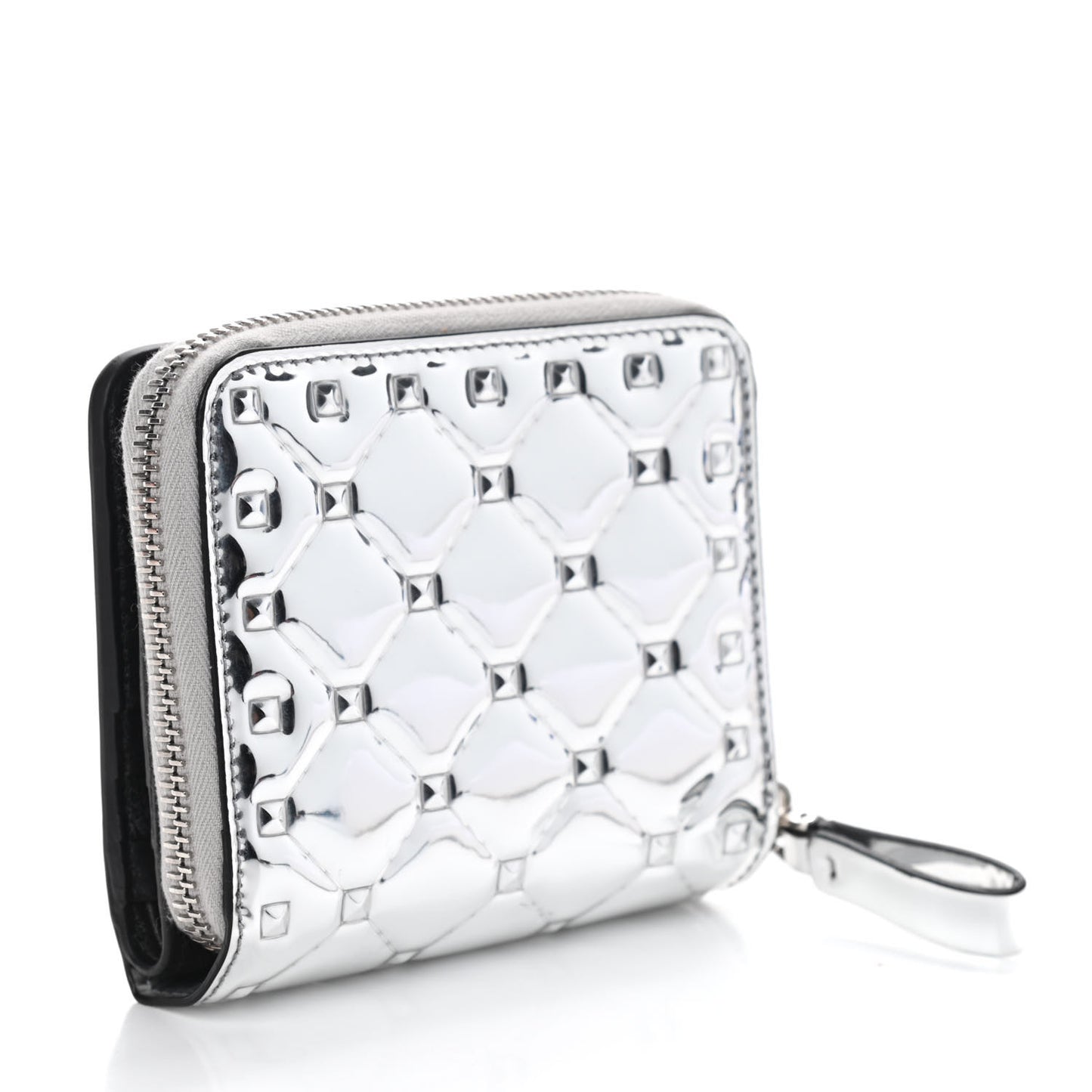 Metallic Patent Rockstud Spike Compact Zip Around Wallet Silver
