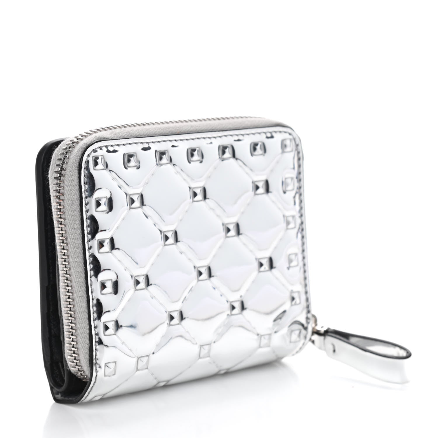 Valentino Garavani Metallic Patent Rockstud Spike Compact Zip Around Wallet Silver 3 of 7