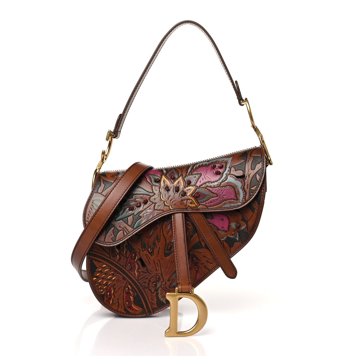 Christian Dior Calfskin Painted Laser Cut Saddle Bag With Strap Brown Multicolor 3 of 9