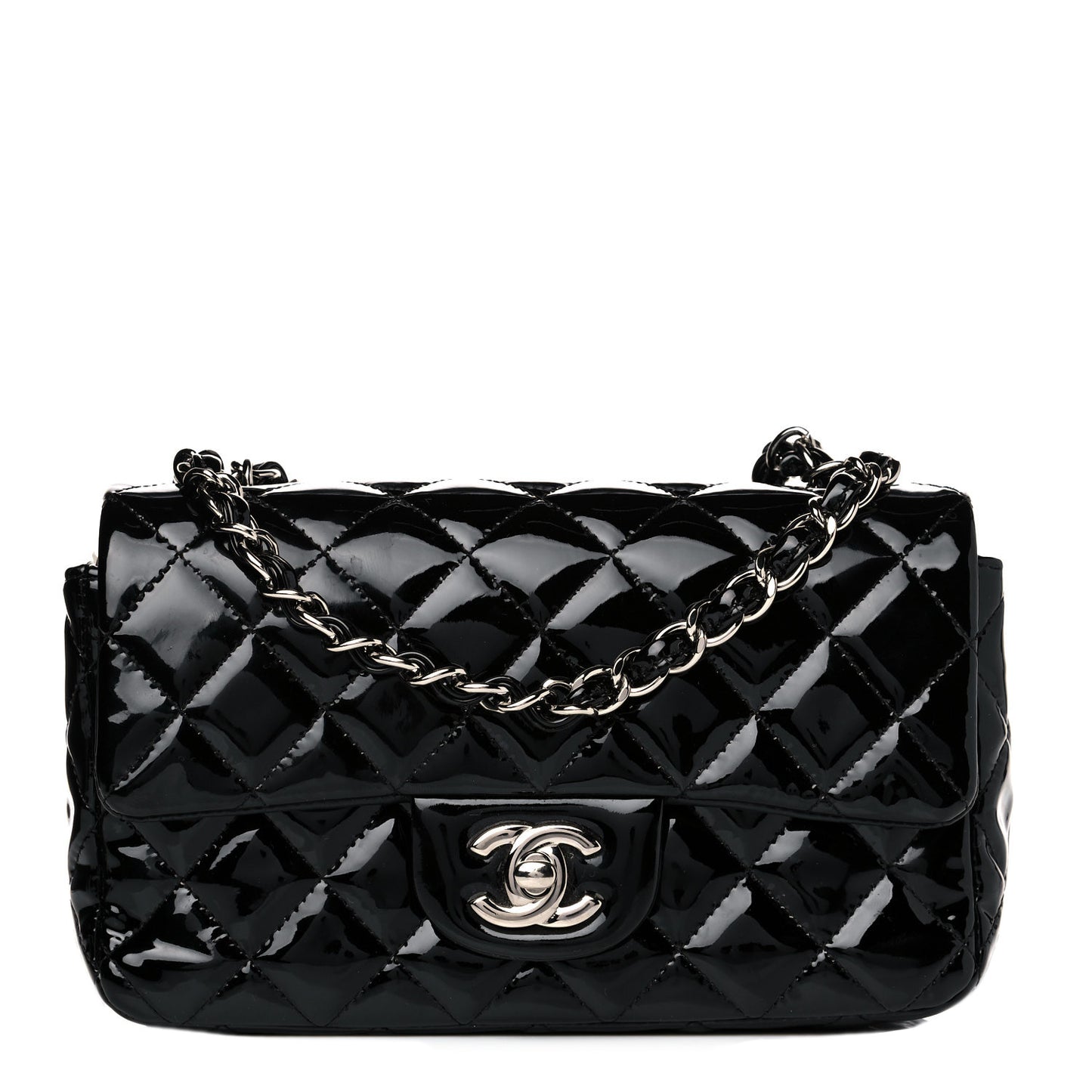 Patent Calfskin Quilted Mini Rectangular Flap Black