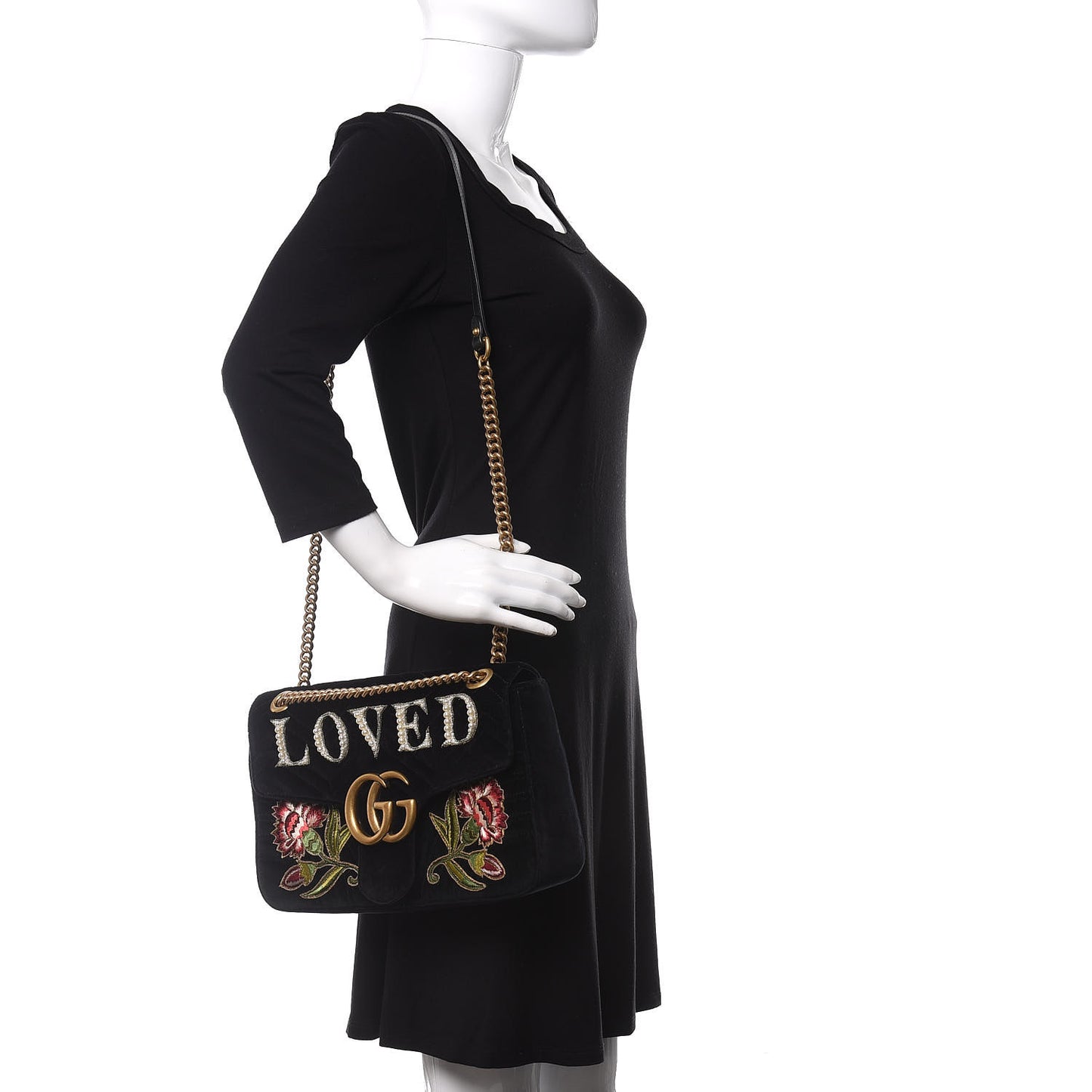 Velvet Matelasse Loved Embroidered Medium GG Marmont Shoulder Bag Black