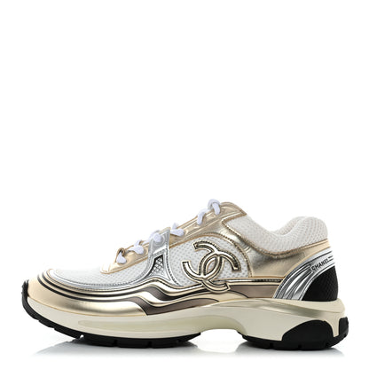 Chanel Fabric Laminated Calfskin Stretch CC Womens Sneakers 40 White Silver 1 of 9