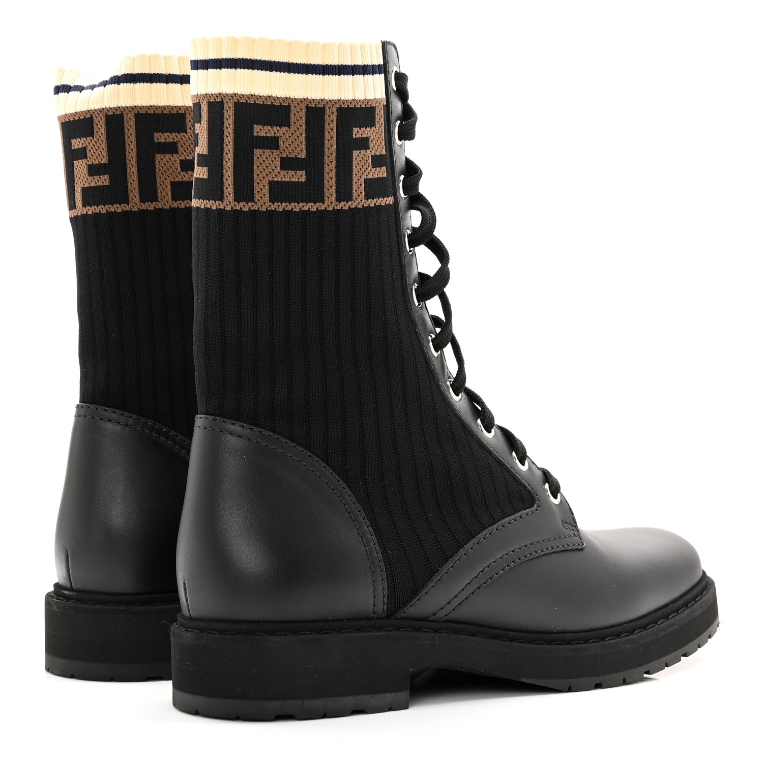 Fendi Calfskin Stretch Fabric Rockoko Biker Boots 38.5 Tobacco Black Marino 4 of 8