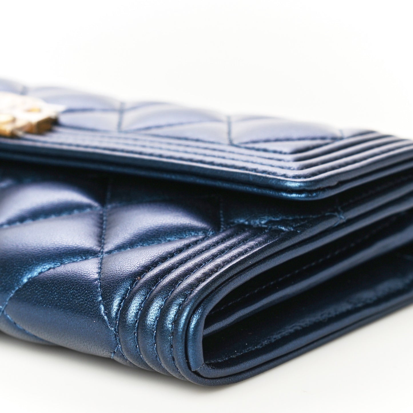 Metallic Lambskin Quilted Large Boy Gusset Flap Wallet Blue