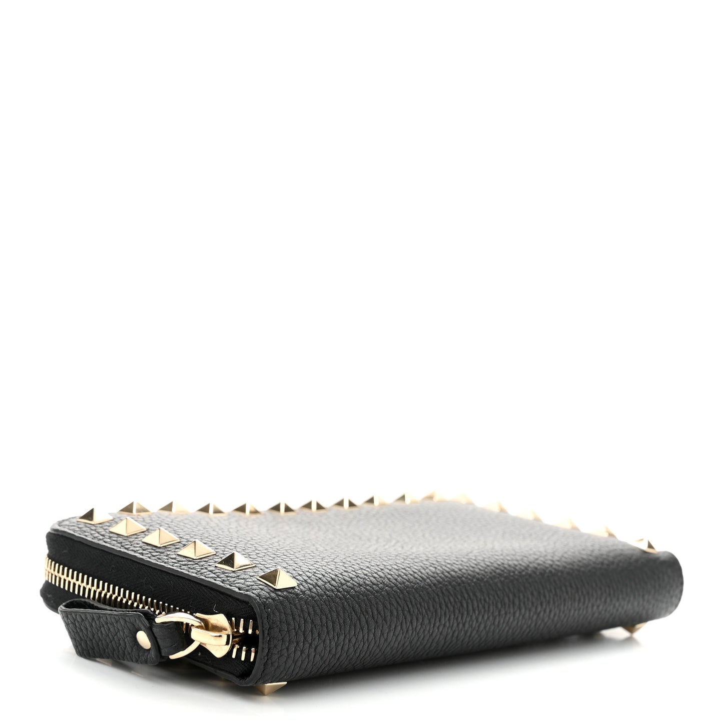 Pebbled Calfskin Rockstud Zip Around Wallet Black