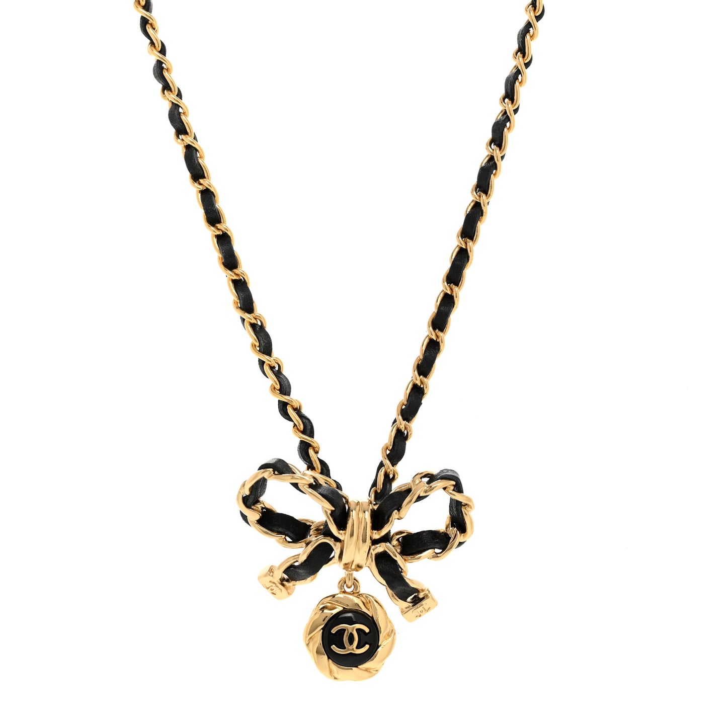 Metal Lambskin Chain CC Bow Necklace Black Gold