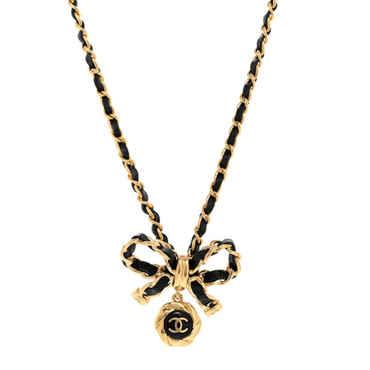 Chanel Metal Lambskin Chain CC Bow Necklace Black Gold 1 of 5