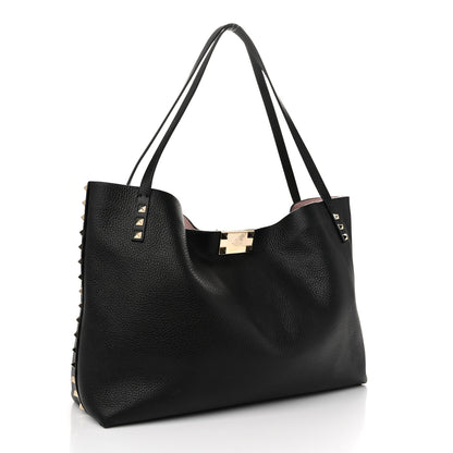 Valentino Garavani Grainy Calfskin Medium Rockstud Tote Black Rose Quartz 3 of 9