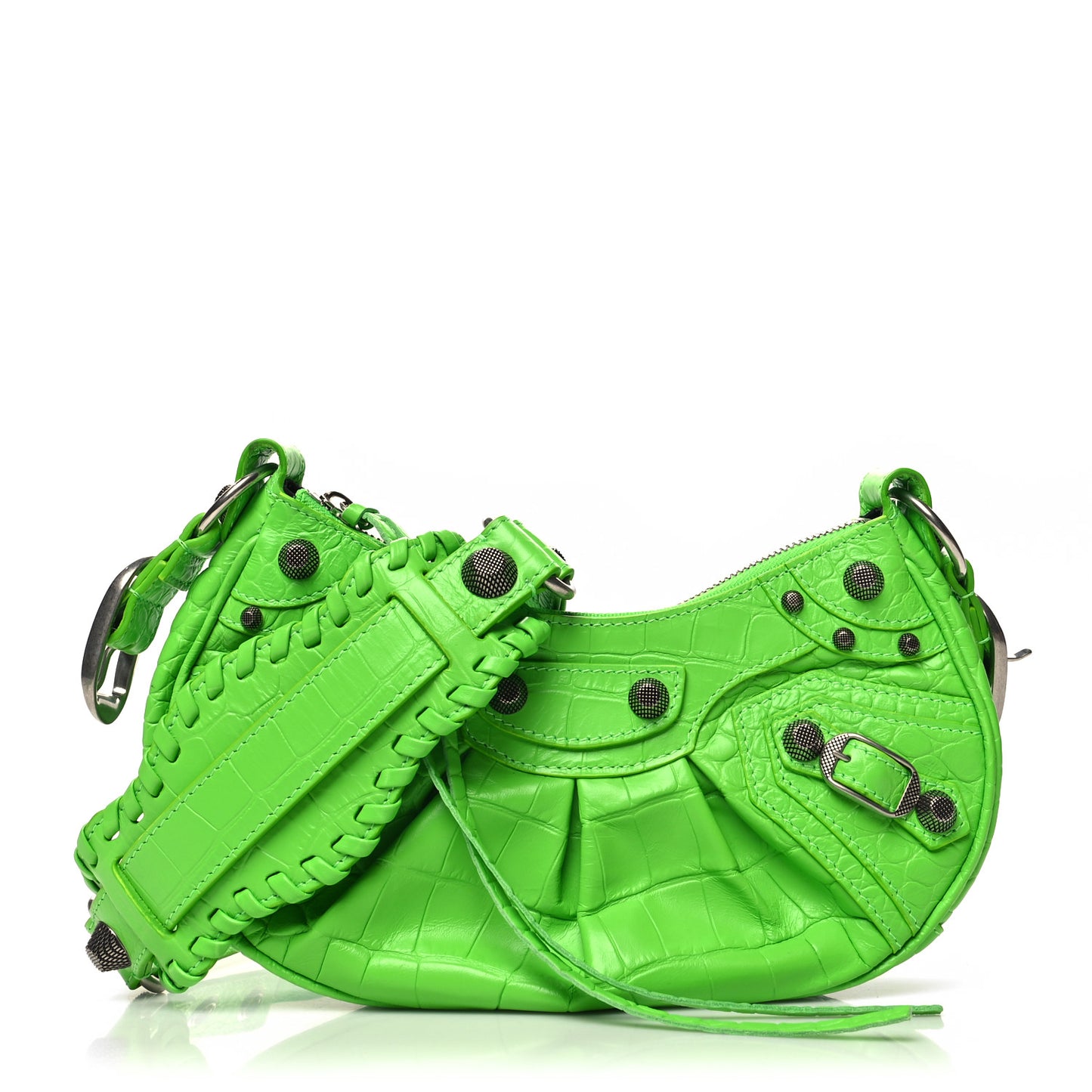 Extra Supple Calfskin Crocodile Embossed Le Cagole Shoulder Bag XS Acid Green