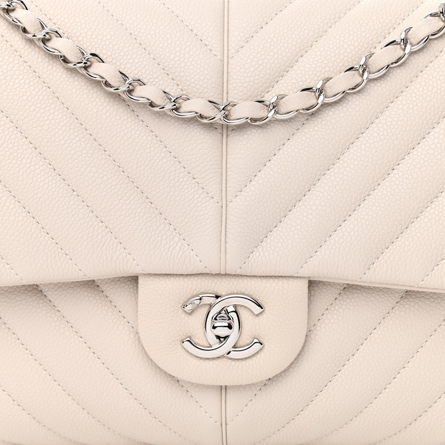 Caviar Chevron Quilted Large Puffy CC Flap White