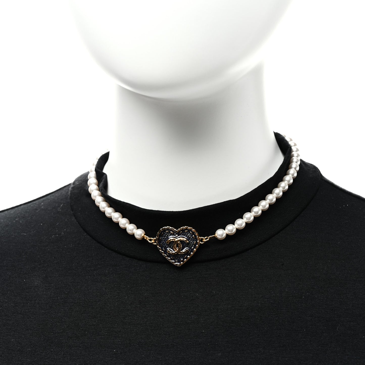 Metal Denim CC Heart Choker Gold Blue Pearly White