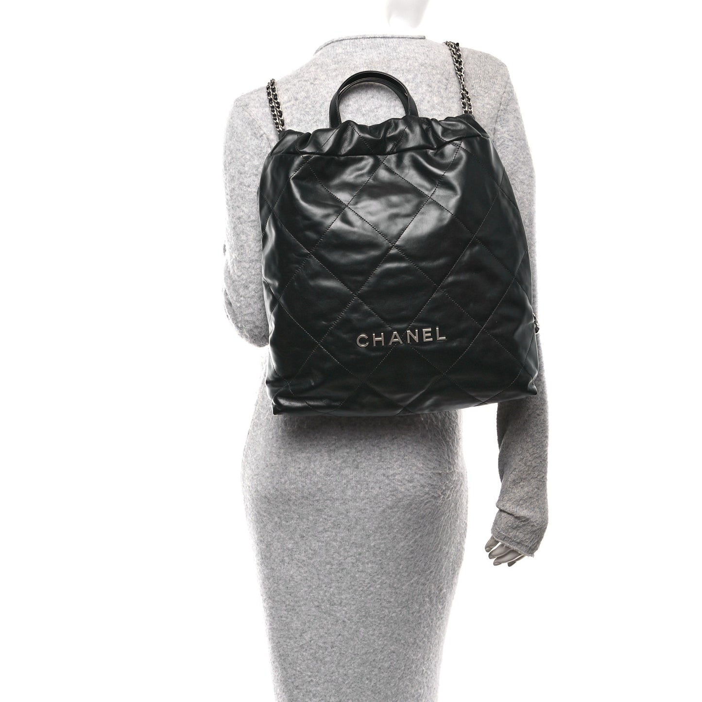 Shiny Calfskin Quilted Chanel 22 Backpack Black