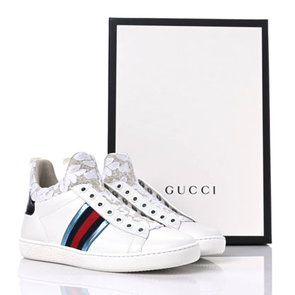 Gucci Calfskin Lace Ayers Sylvie Web New Womens Ace High Top Sneakers 34.5 White 9 of 9
