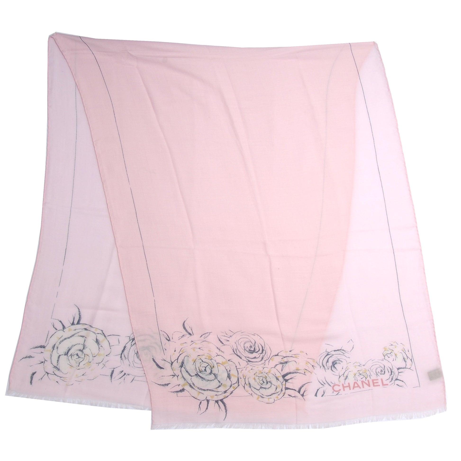 Chanel Cashmere Silk Logo Camellia Scarf Shawl Pink 1 of 5