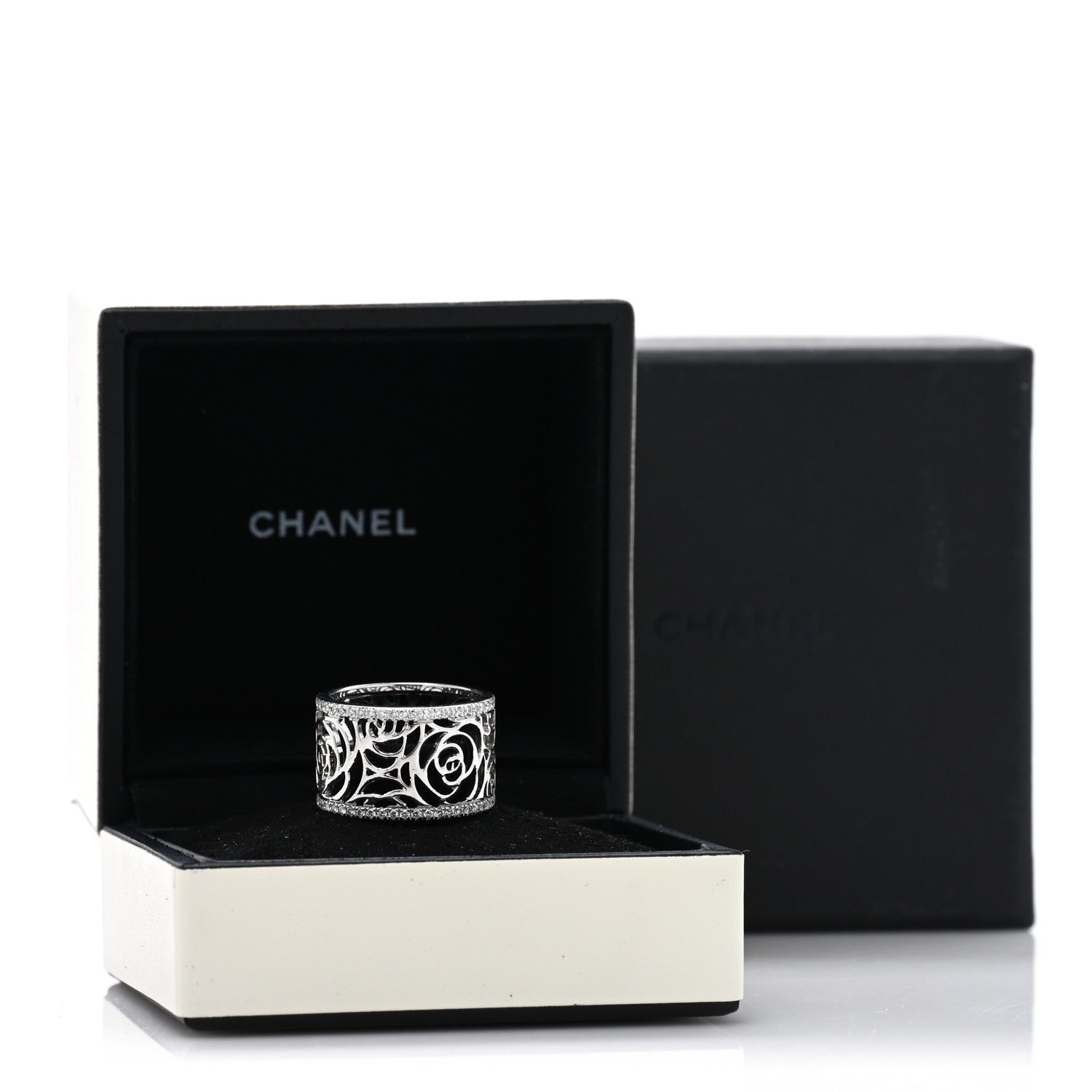 Chanel 18K White Gold Diamond Camellia Ajoure Band Ring 51 5.75 5 of 5
