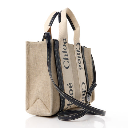 Chloe Linen Calfskin Small Woody Ribbon Tote With Strap White Navy 3 of 11