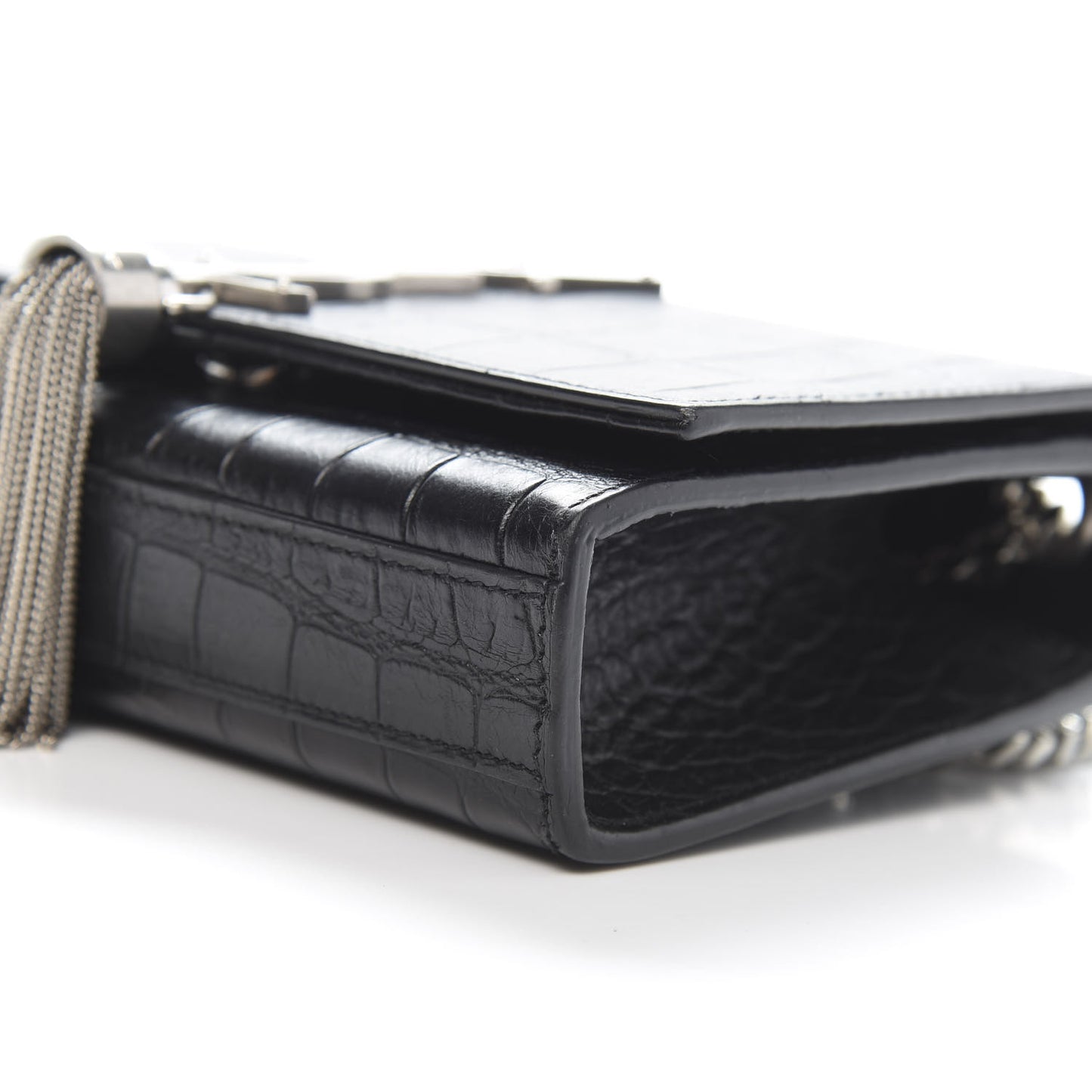 Calfskin Crocodile Embossed Monogram Small Kate Tassel Satchel Black