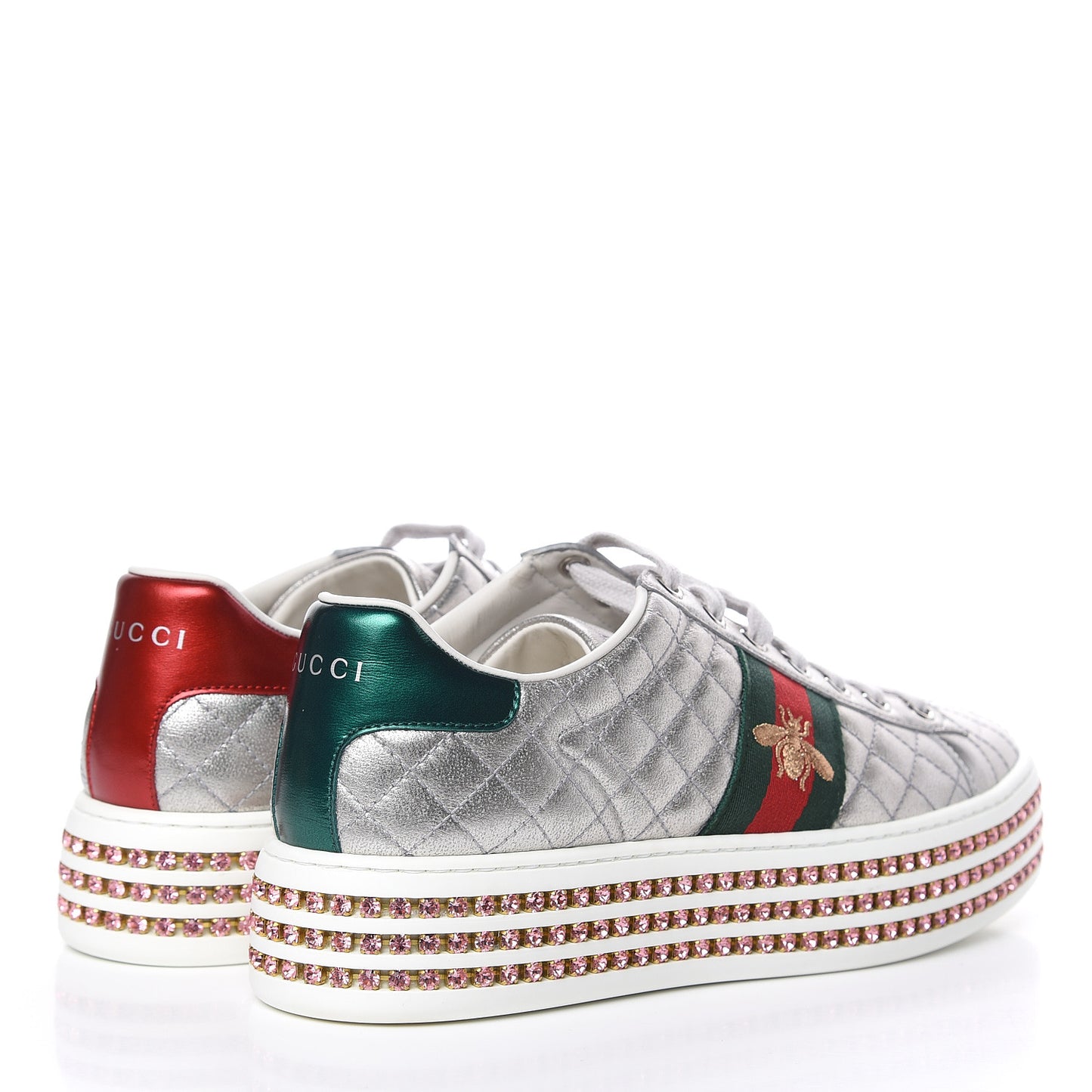 Laminated Nappa Crystal Web Bee Embroidered Trapuntata Womens Ace Platform Sneakers 38.5 Argento