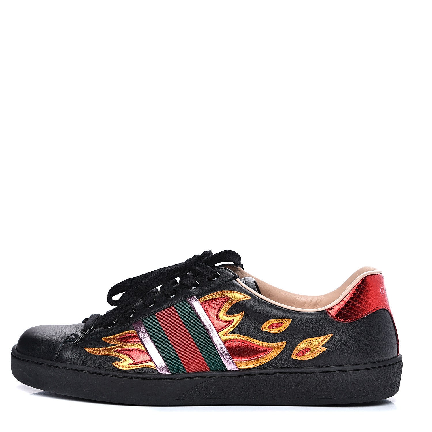 Gucci Calfskin Ayers Web Flames Embroidered Mens Ace Sneakers 7 Black 1 of 9