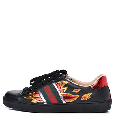 Gucci Calfskin Ayers Web Flames Embroidered Mens Ace Sneakers 7 Black 1 of 9