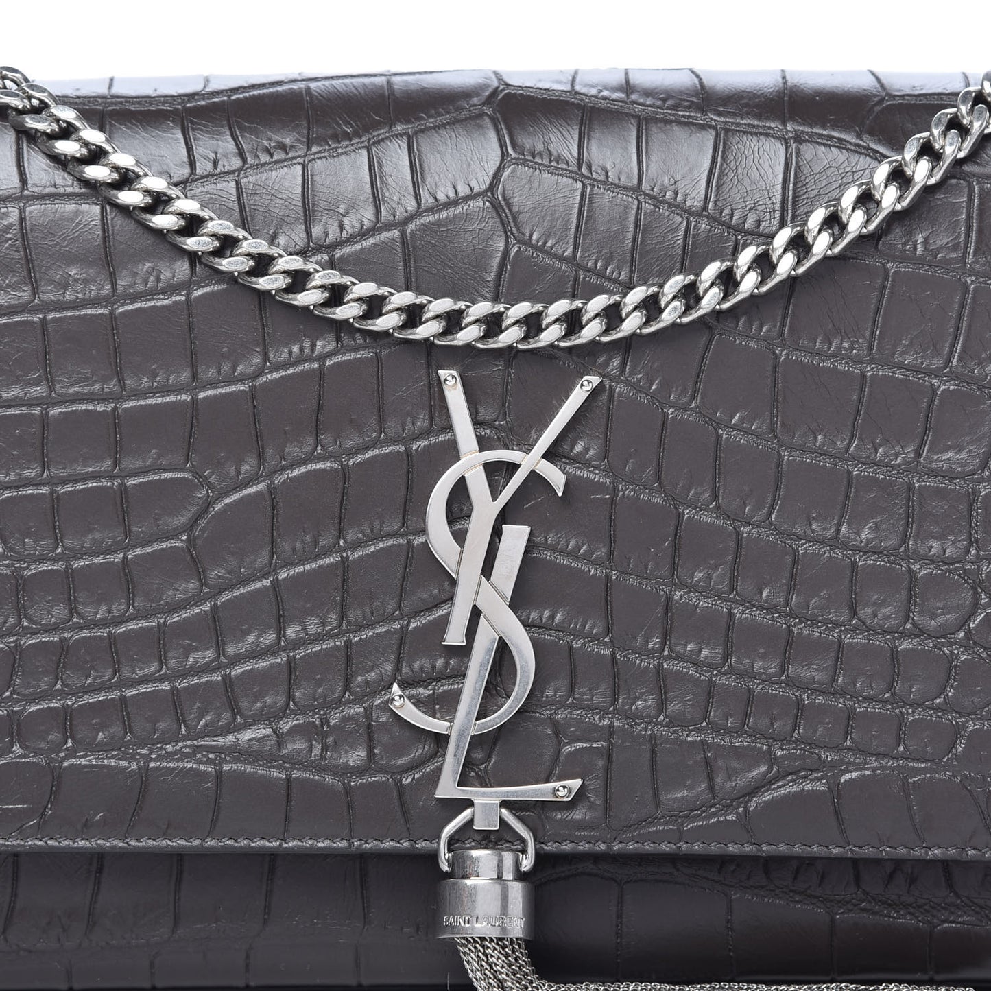 Calfskin Crocodile Embossed Medium Classic Monogram Kate Tassel Satchel Earth Grey