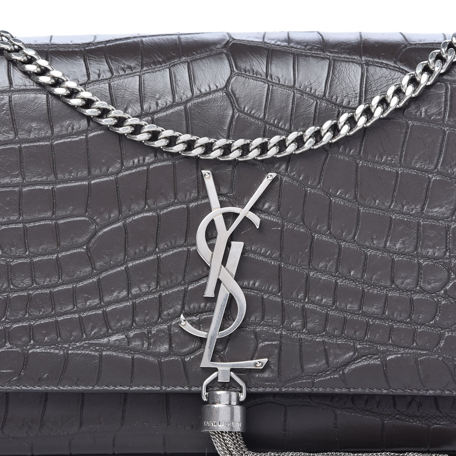 Saint Laurent Calfskin Crocodile Embossed Medium Classic Monogram Kate Tassel Satchel Earth Grey 9 of 9