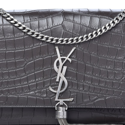 Saint Laurent Calfskin Crocodile Embossed Medium Classic Monogram Kate Tassel Satchel Earth Grey 9 of 9