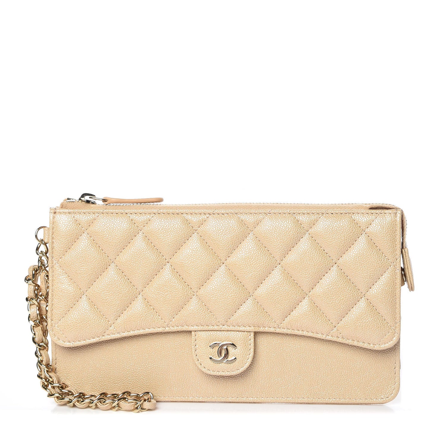 Iridescent Caviar Quilted Classic Pouch With Handle Beige