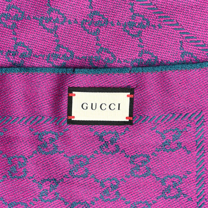 Gucci Wool GG Monogram Reversible New Sten Fringe Scarf Petroleum Blue Pink 10 of 12