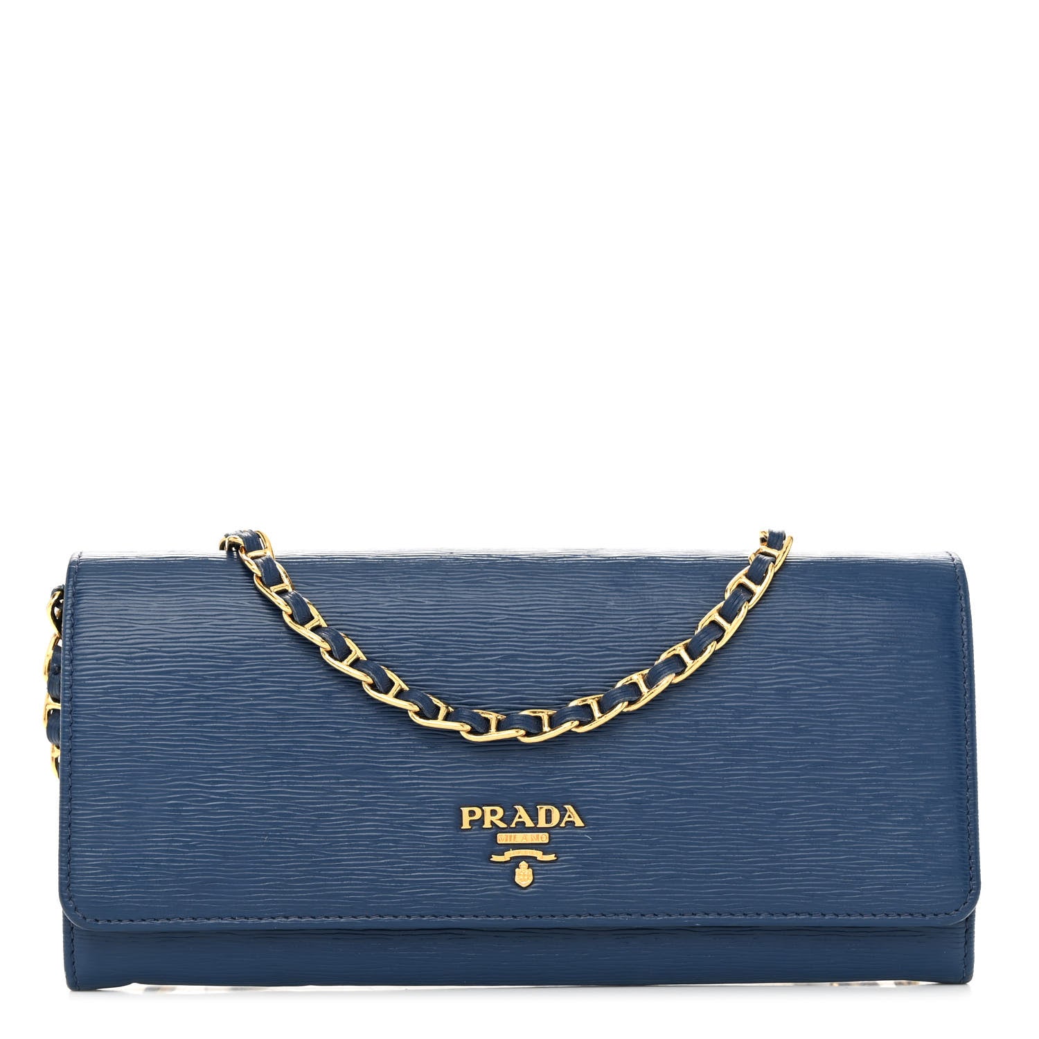 Prada Vitello Move Metal Oro Chain Wallet Bluette 1 of 14