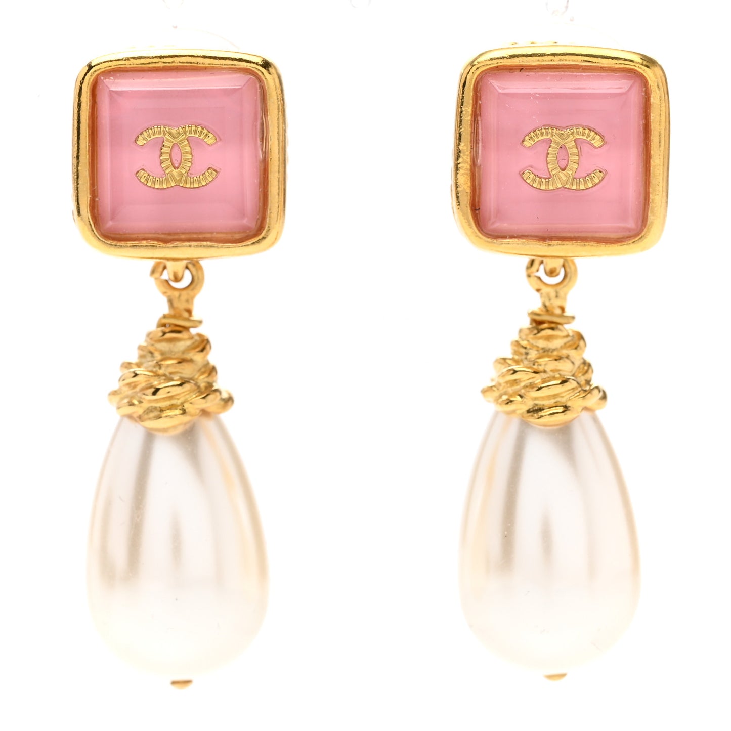 Pearl Enamel CC Square Drop Earrings Gold Pink