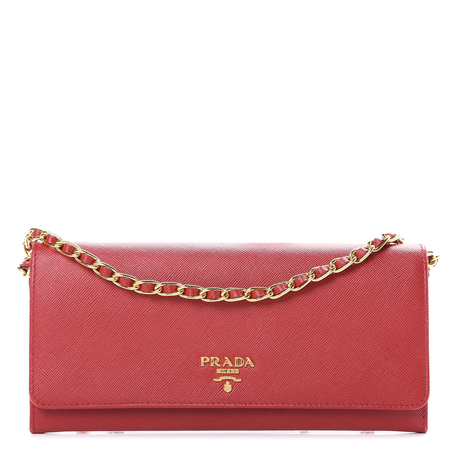 Prada Saffiano Metal Oro Chain Wallet Fuoco 1 of 12