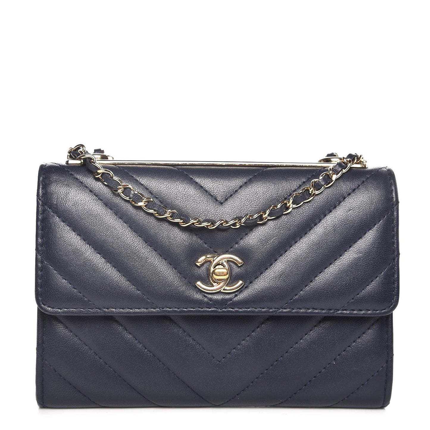 Lambskin Chevron Quilted Mini Trendy CC Chain Wallet Navy