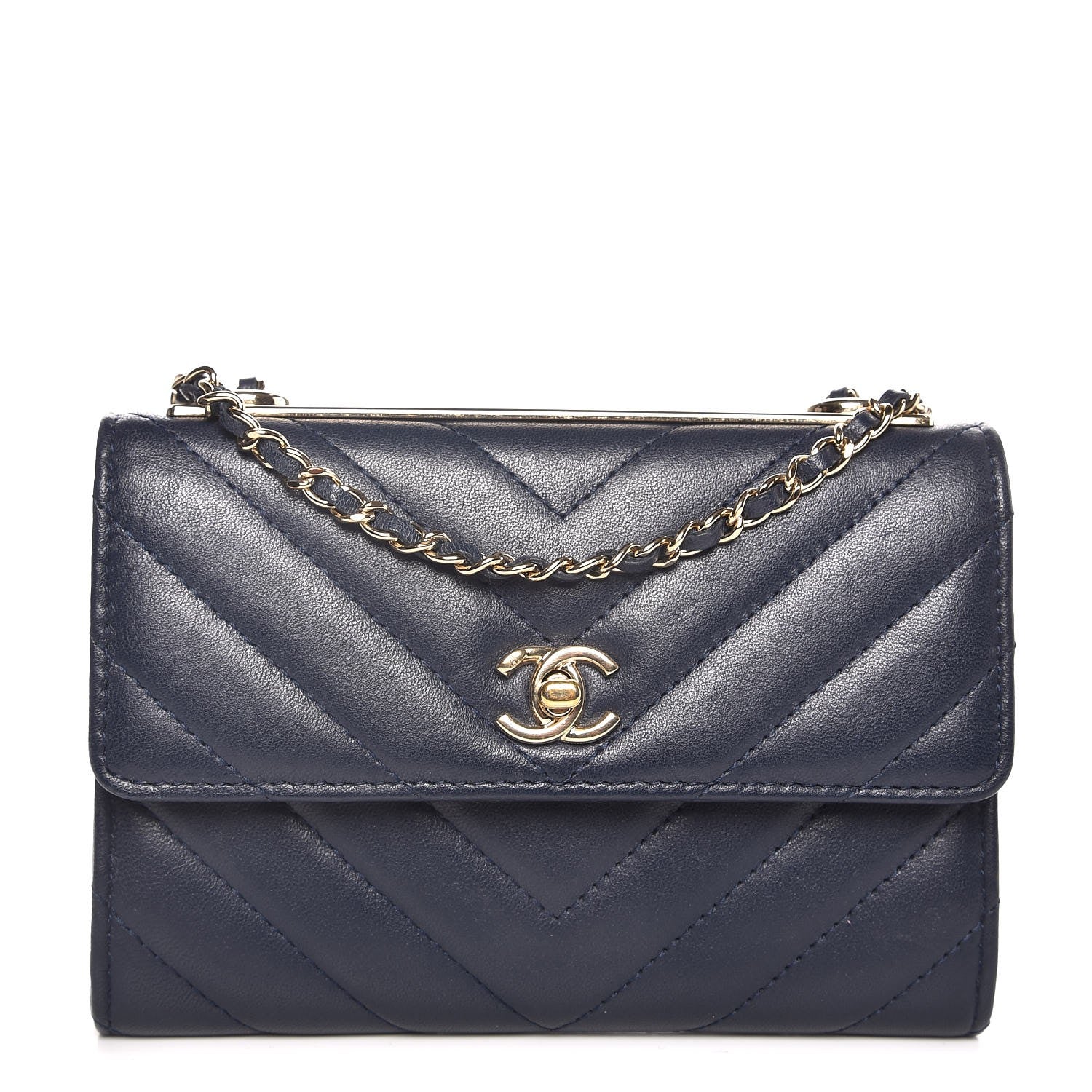 Chanel Lambskin Chevron Quilted Mini Trendy CC Chain Wallet Navy 1 of 8