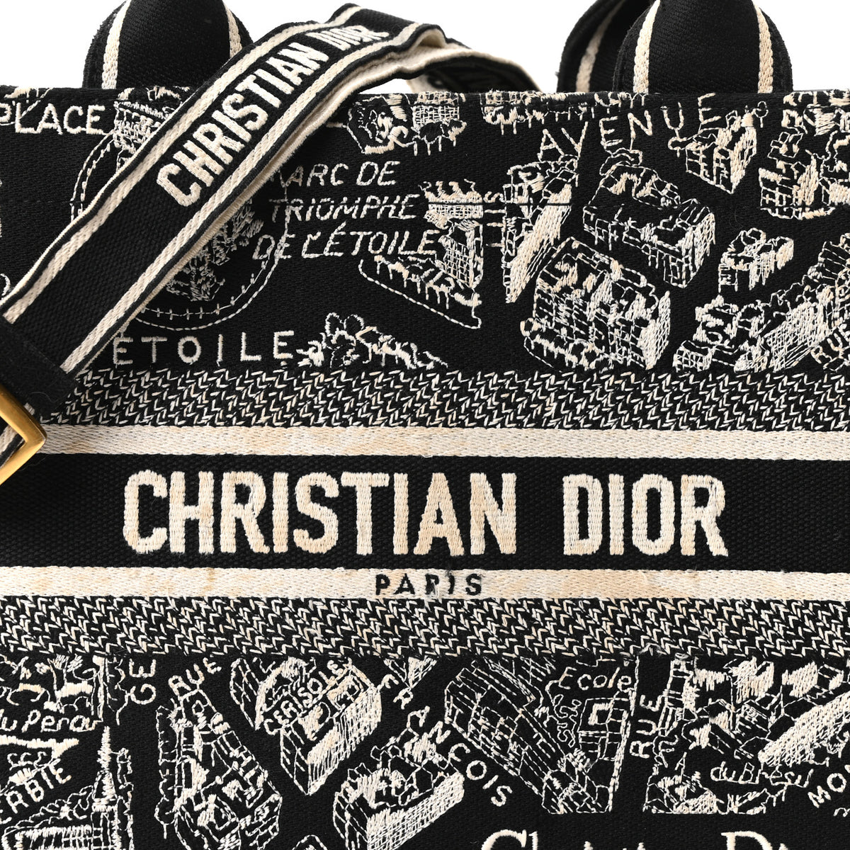 Christian Dior Canvas Calfskin Embroidered Small Plan De Paris Book Tote With Strap Black White 8 of 11