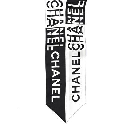 Chanel Silk Logo Slim Bandeau Scarf Black White 2 of 4