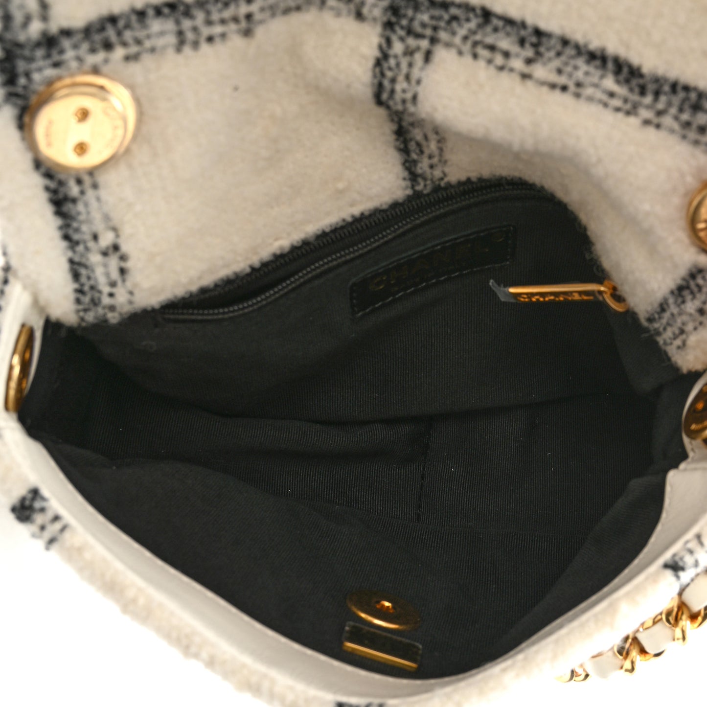 Wool Tweed Quilted Small Elegant Chain Flap White