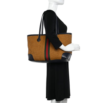 Gucci Straw Lux Calfskin Web Medium Ophidia Shopping Tote Dark Natural Blue 2 of 10