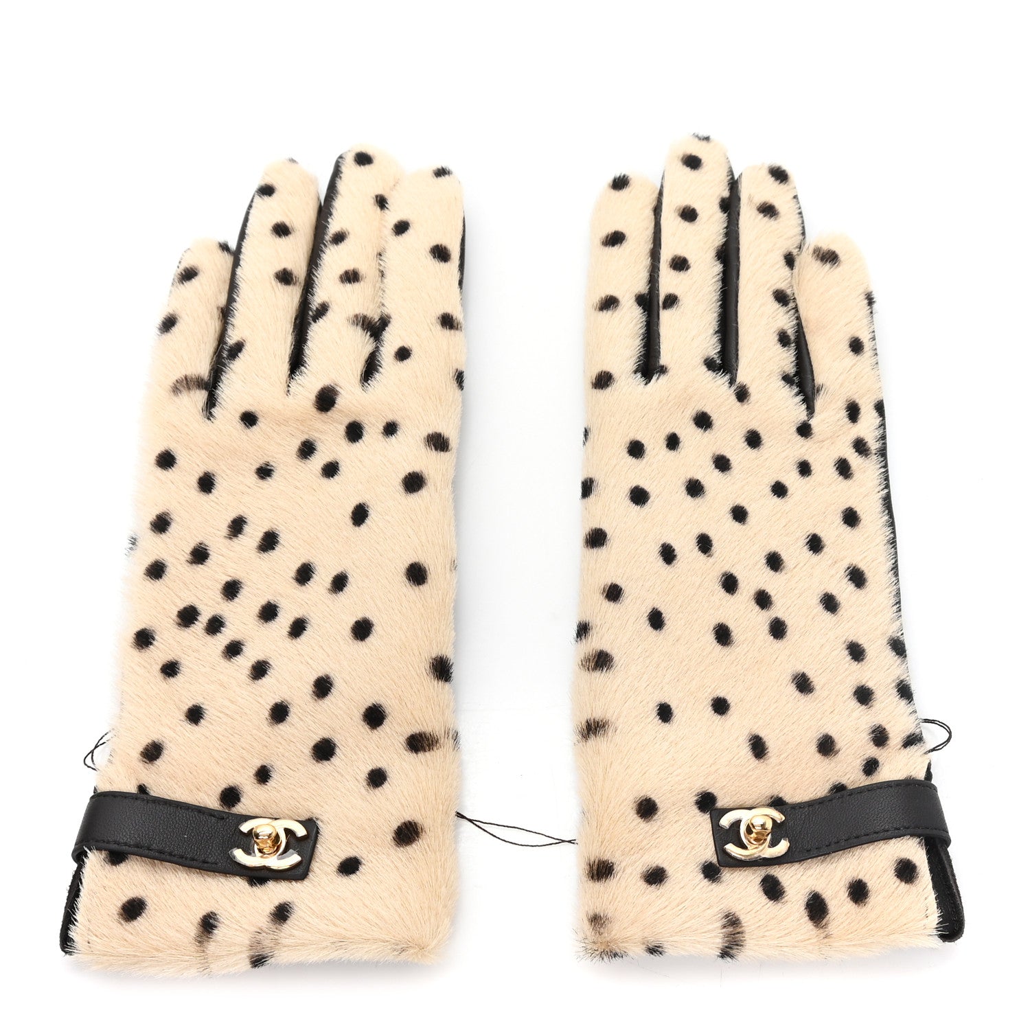 Chanel Lambskin Ponyhair Gloves 7 Beige Black 1 of 4