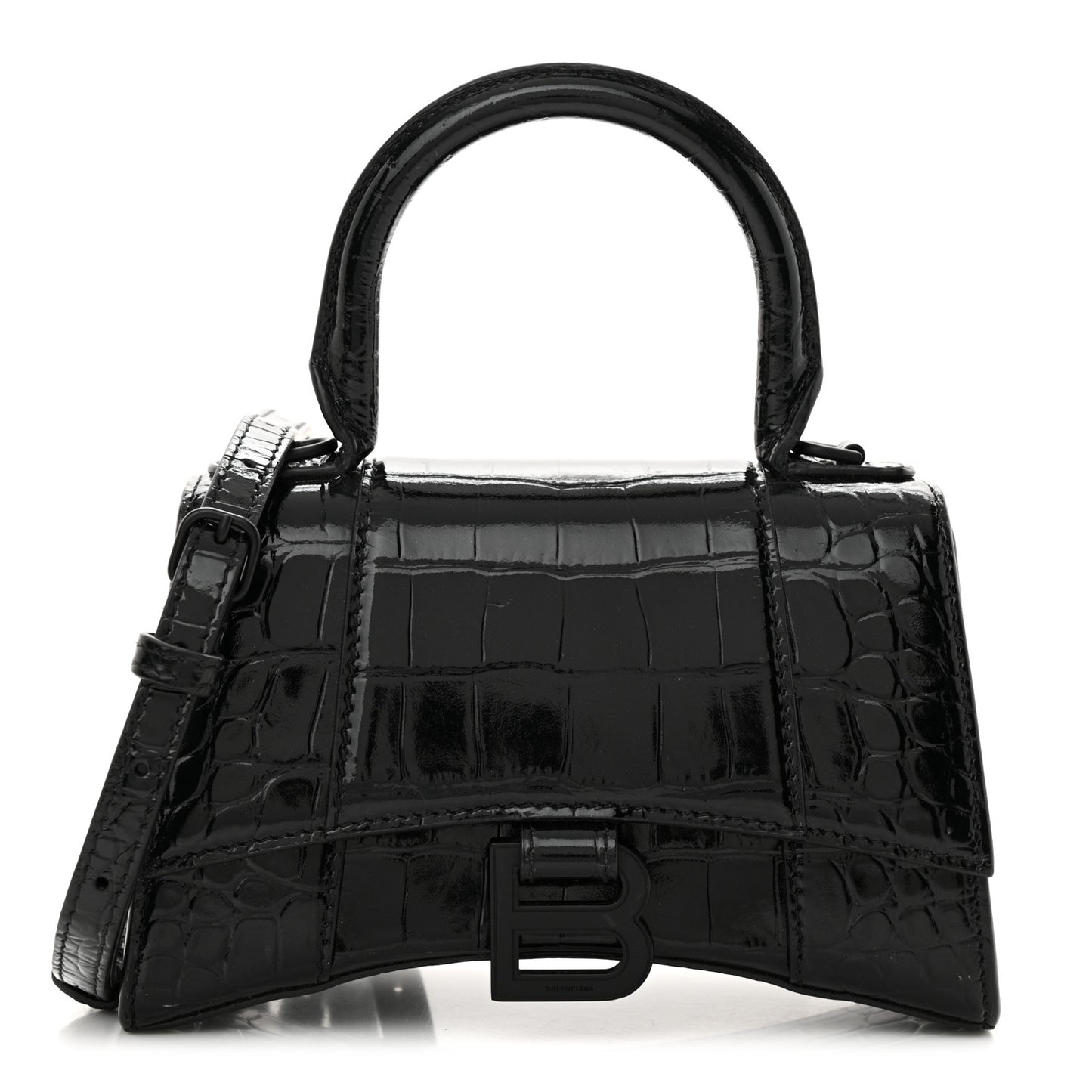 Shiny Calfskin Monochrome Crocodile Embossed Hourglass Top Handle Bag XS Black
