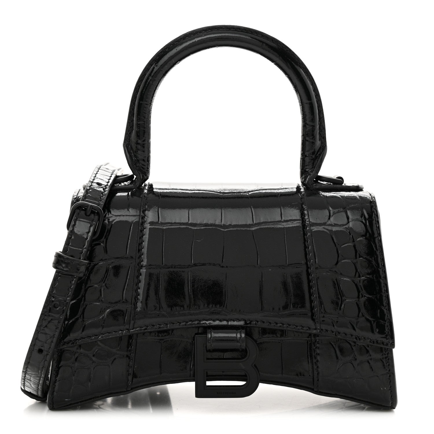Balenciaga Shiny Calfskin Monochrome Crocodile Embossed Hourglass Top Handle Bag XS Black 1 of 15