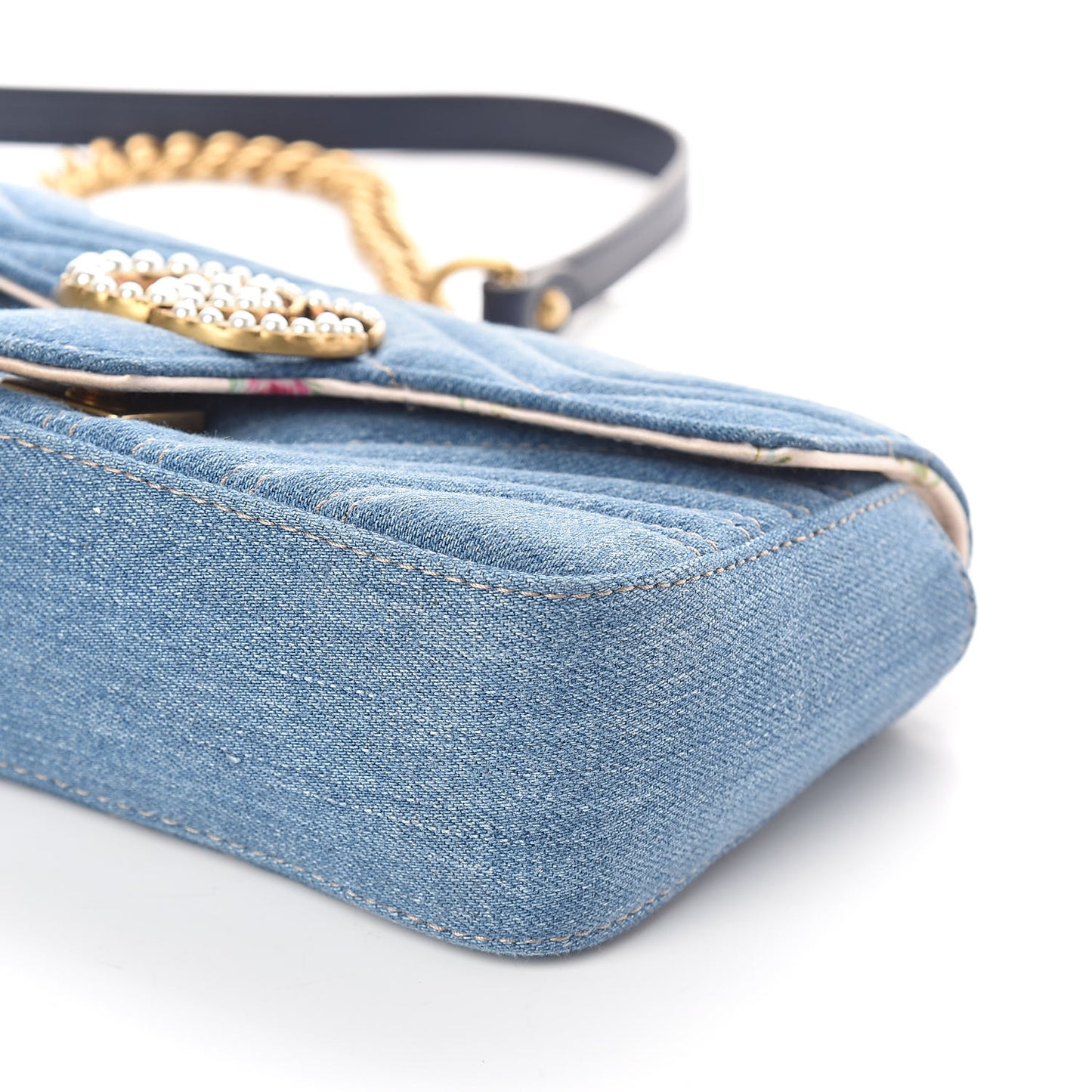 Denim Matelasse Mini Pearly GG Marmont Shoulder Bag Blue