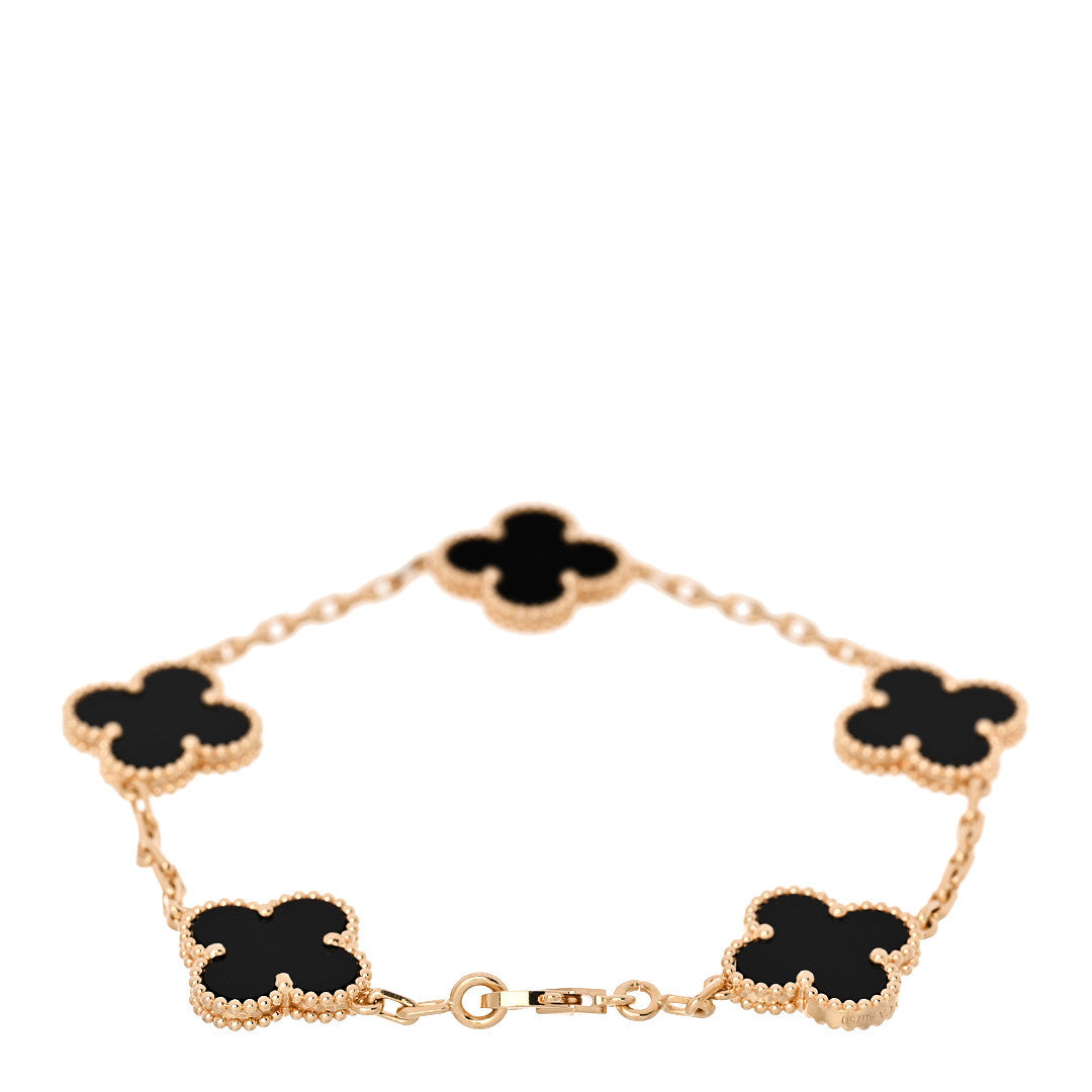 Van Cleef & Arpels 18K Yellow Gold Black Onyx 5 Motifs Vintage Alhambra Bracelet 2 of 4