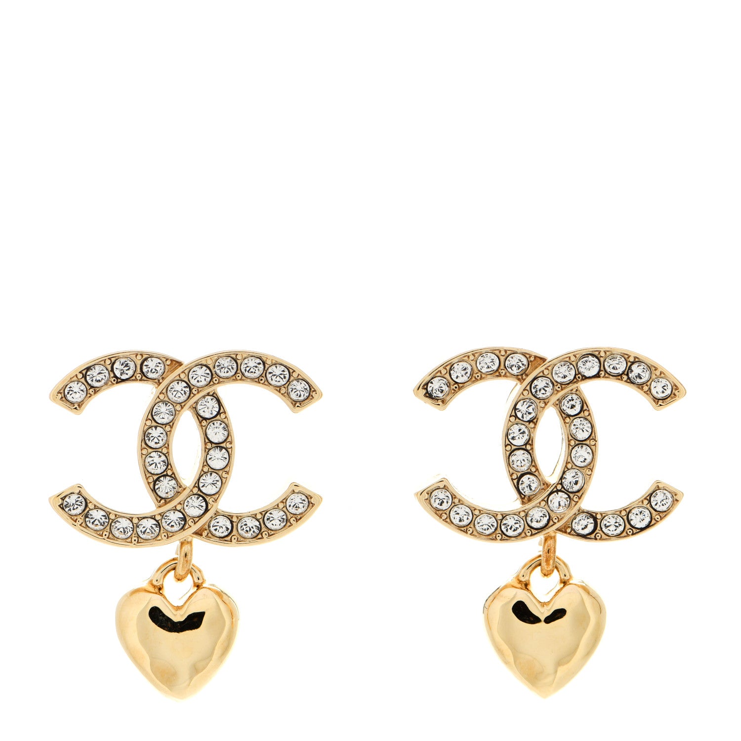 Chanel Metal Crystal CC Heart Drop Earrings Gold 1 of 5