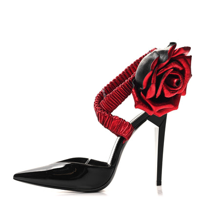 Saint Laurent Patent Nappa Silk Freja 105 Flower Ankle Pumps 37.5 Black Rosso 1 of 9